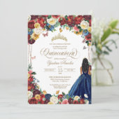 Butterfly Garden Burgundy Blue Floral Quinceanera Einladung (Stehend Vorderseite)