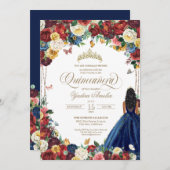 Butterfly Garden Burgundy Blue Floral Quinceanera Einladung (Vorne/Hinten)