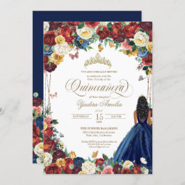 Butterfly Garden Burgundy Blue Floral Quinceanera Einladung