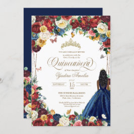 Butterfly Garden Burgundy Blue Floral Quinceanera  Einladung