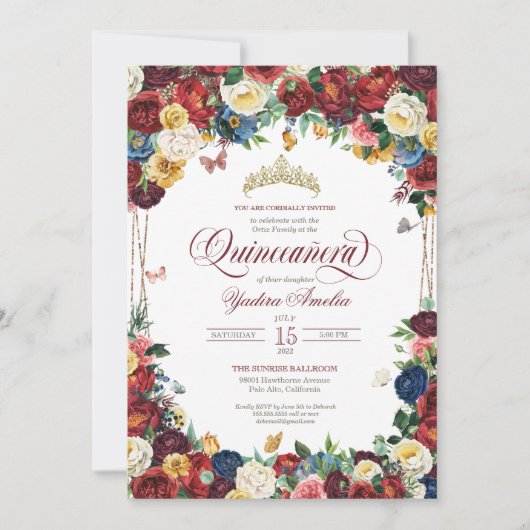 Butterfly Garden Burgundy Royal Floral Quinceanera Einladung (Vorderseite)