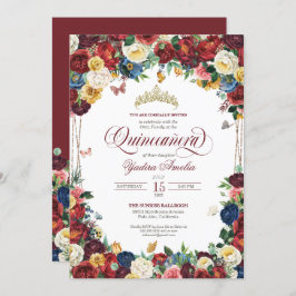 Butterfly Garden Burgundy Royal Floral Quinceanera Einladung