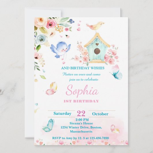 butterfly garden first birthday invitation einladung (Vorderseite)