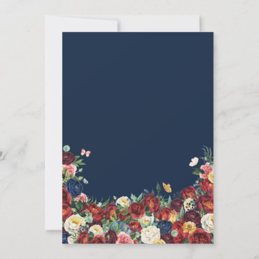 Butterfly Garden Royal Blue Red Floral Quinceanera Einladung (Rückseite)