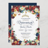 Butterfly Garden Royal Blue Red Floral Quinceanera Einladung (Vorne/Hinten)