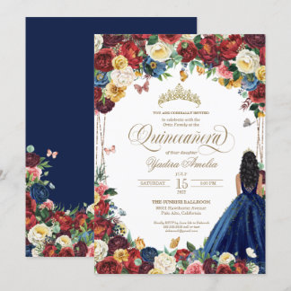 Butterfly Garden Royal Blue Red Floral Quinceanera Einladung