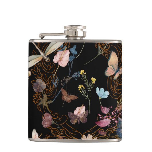 Butterfly Garden Wedding Black Flachmann (Vorderseite)