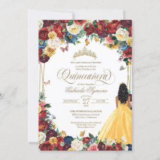 Butterfly Garden Yellow Gown Floral Quinceanera Einladung
