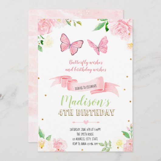 Butterfly-Geburtstagsfeier Einladung (Vorne/Hinten)