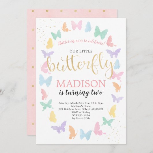 Butterfly Geburtstagsparty Einladung Regenbogenfar (Vorne/Hinten)