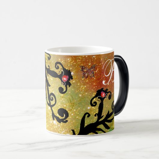 BÜTTERFLY-GELBE-GLITZERN, SCHWARZES BLUMENMONOGRAM VERWANDLUNGSTASSE (VorderseiteRechts)