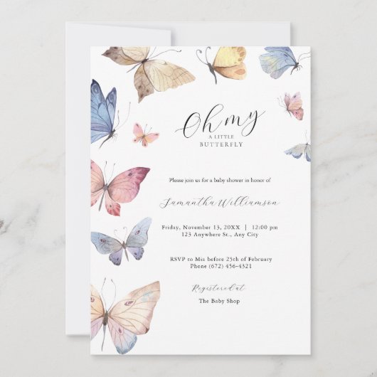 Butterfly Girl Baby Shower Watercolor Invitation Einladung (Vorderseite)