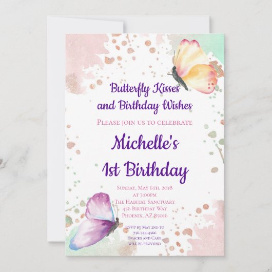 Butterfly Girl Einladung zum 1. Geburtstag (Vorderseite)