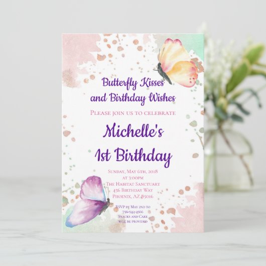 Butterfly Girl Einladung zum 1. Geburtstag (Stehend Vorderseite)
