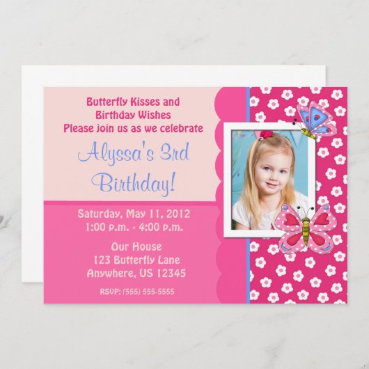 Butterfly Girls Foto Geburtstag Einladung (Vorne/Hinten)
