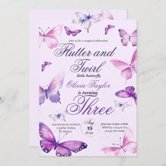 Butterfly Girls zum Geburtstag Einladung (Vorne/Hinten)