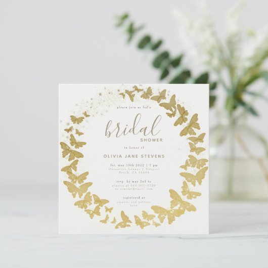 Butterfly Gold Elegantes Boho Classic Brautparty Einladung (Stehend Vorderseite)