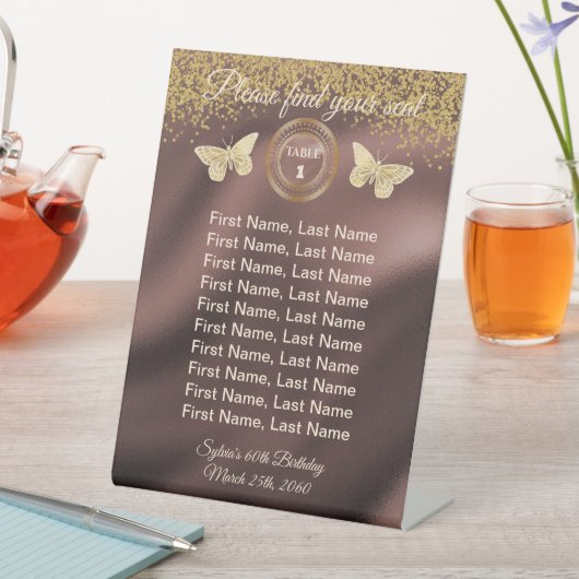 Butterfly Gold Glitzer, Foil Tischnummer Zeichen Sockelschild (In Situ)