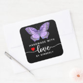 Butterfly Handmade mit Liebe Black Quadratischer Aufkleber (Umschlag)