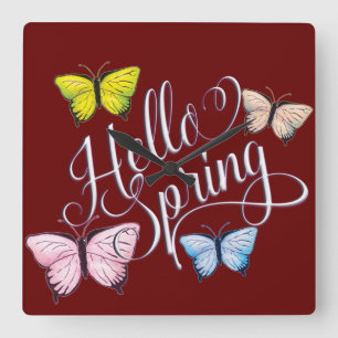 Butterfly Hello Spring Quadratische Wanduhr