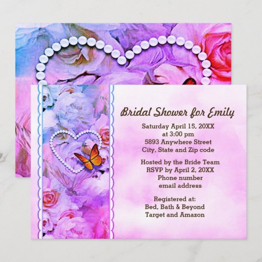 Butterfly Herz Pearls Pink Floral Brautparty Einladung (Vorne/Hinten)