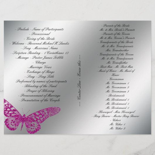 Butterfly-Hochzeitsprogramm Silberrosa Glitzer (Rückseite)