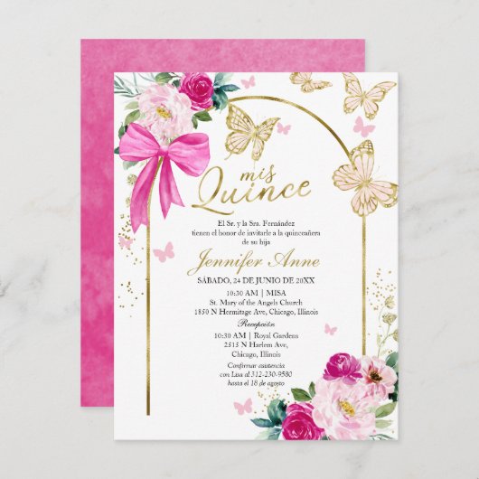 Butterfly Hot Pink Bow Floral Spanish Quinceanera Einladung (Vorne/Hinten)