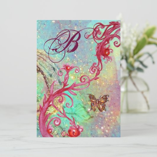 BUTTERFLY IN GLITZERN 2 Blue Wedding Monogram , Einladung (Stehend Vorderseite)