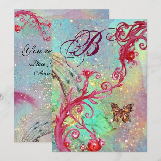 BUTTERFLY IN GLITZERN 2 Blue Wedding Monogram , Einladung (Vorne/Hinten)