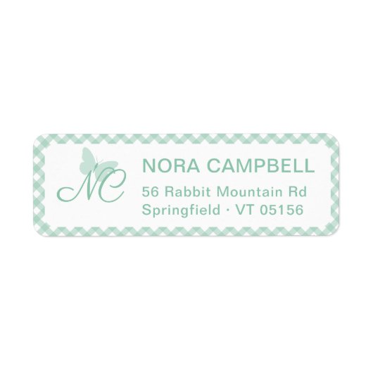 Butterfly Initials Mint Gingham Rücksendeadresse (Vorne)