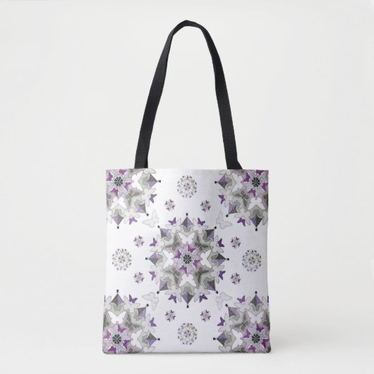 Butterfly Kaleid Print Tote Bag, Lila & grau Tasche (Vorderseite)
