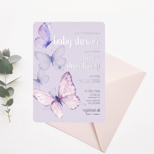 Butterfly Kiss & Baby wünscht   Babydusche Lila Folieneinladung