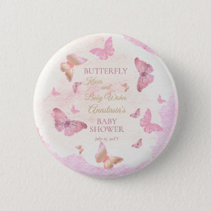 Butterfly Kisses and Baby Wish Girl Baby Shower Button