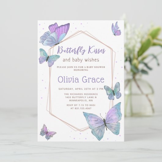 Butterfly Kisses and Baby wünscht Babydusche Einladung (Stehend Vorderseite)