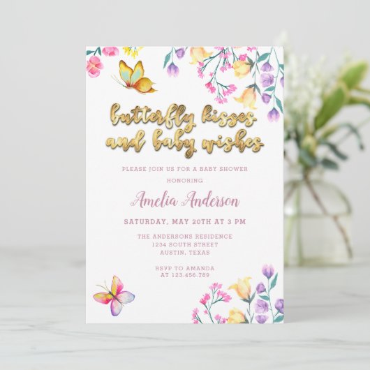 Butterfly Kisses and Baby wünscht eine Gold Baby D Einladung (Stehend Vorderseite)