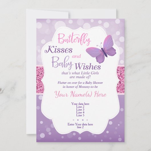 Butterfly Kisses Baby Dusche Einladung Lila (Vorderseite)