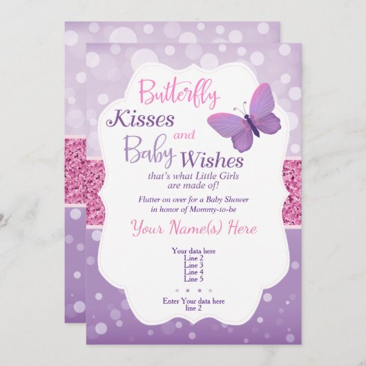Butterfly Kisses Baby Dusche Einladung Lila (Vorne/Hinten)