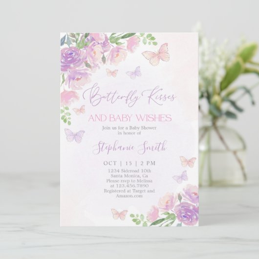 Butterfly Kisses Baby Shower Girl Einladung (Stehend Vorderseite)