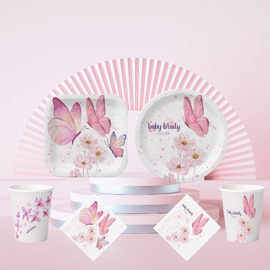 Butterfly Kisses & Baby wünscht Babydusche | Pink Pappteller