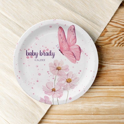 Butterfly Kisses & Baby wünscht Babydusche | Pink Pappteller