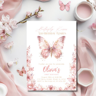 Butterfly Kisses Birthday Pink Butterfly Party Einladung