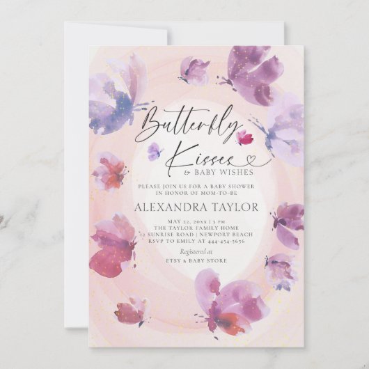 Butterfly Kisses Blush Lila Baby Girl Dusche Einladung (Vorderseite)