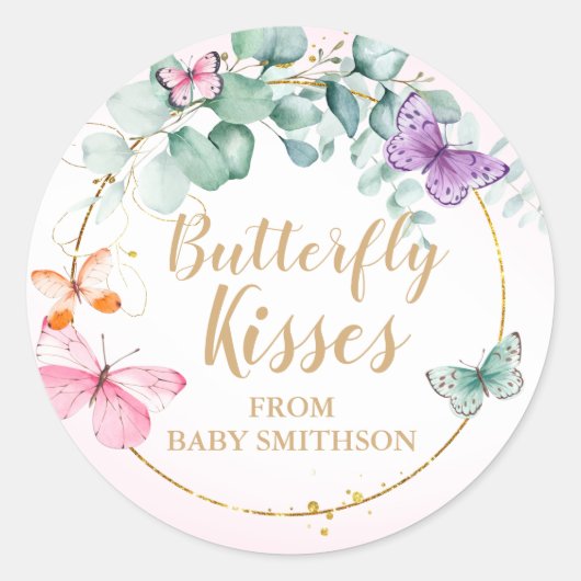 Butterfly Kisses Eucalyptus Pink Baby Dusche Gefal Runder Aufkleber (Vorderseite)