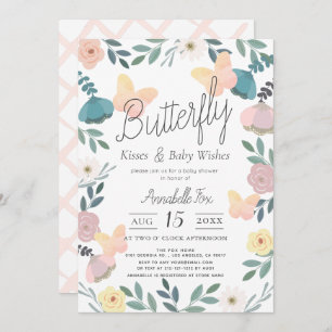 Butterfly Kisses Floral Garden Pink Baby Dusche Einladung