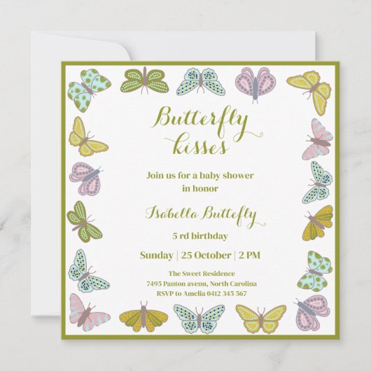 Butterfly kisses Girl Baby Shower Einladung (Vorderseite)