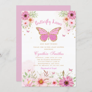 Butterfly Kisses Gold Pink Floral Girl Babydusche Einladung