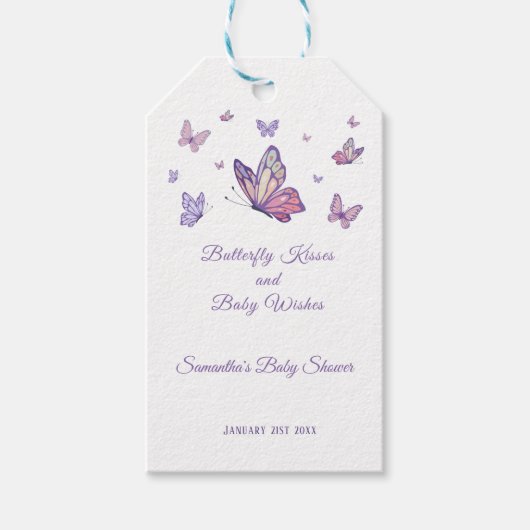 Butterfly Kisses Lila Baby Dusche Geschenkanhänger (Vorderseite)