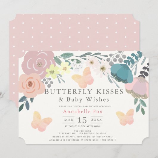 Butterfly Kisses Pink Floral Baby Dusche Einladung (Vorne/Hinten)