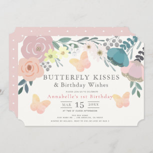 Butterfly Kisses Pink Floral Girl Geburtstag Einladung