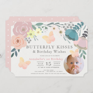 Butterfly Kisses Pink Floral Girl Geburtstag Foto Einladung